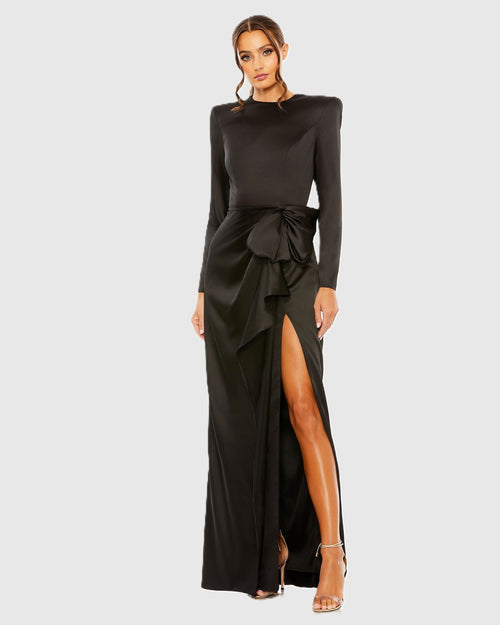 Petite Black Long Sleeve Satin Structured Bow Draped Column Gown