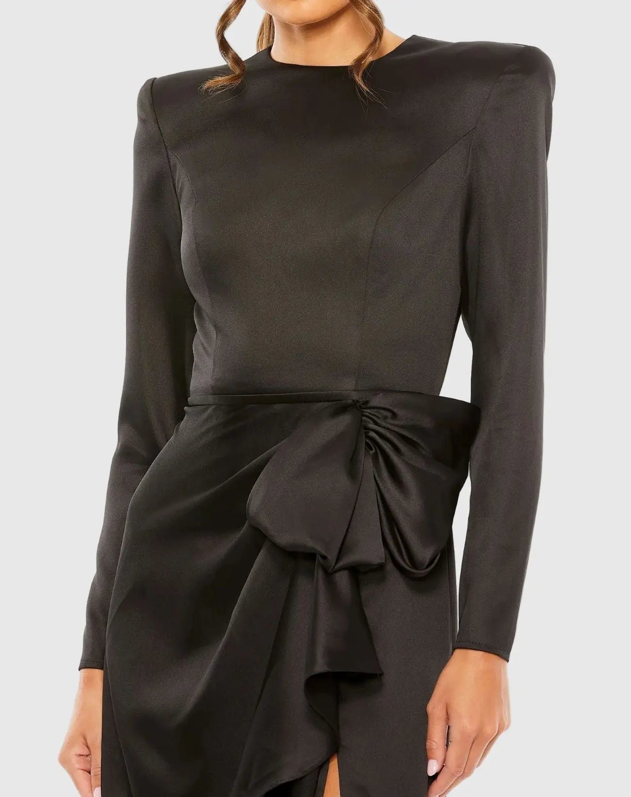 Petite Black Long Sleeve Satin Structured Bow Draped Column Gown
