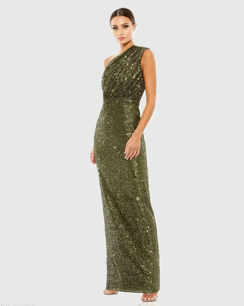 Petite Dark Green Sequined Ruched One Shoulder Gown