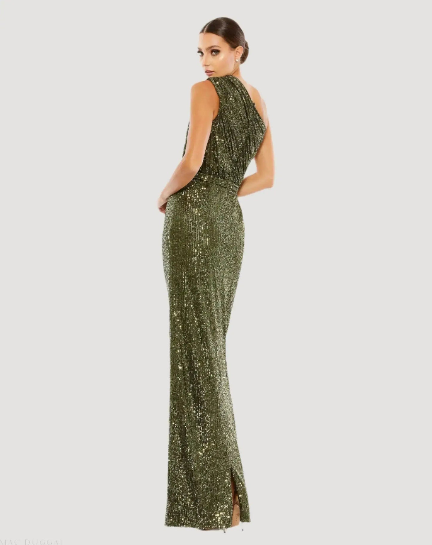Petite Dark Green Sequined Ruched One Shoulder Gown