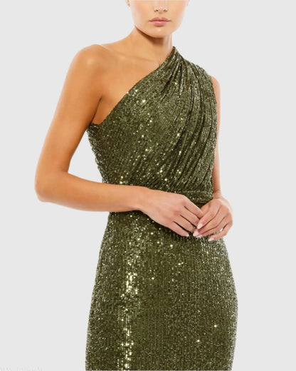 Petite Dark Green Sequined Ruched One Shoulder Gown