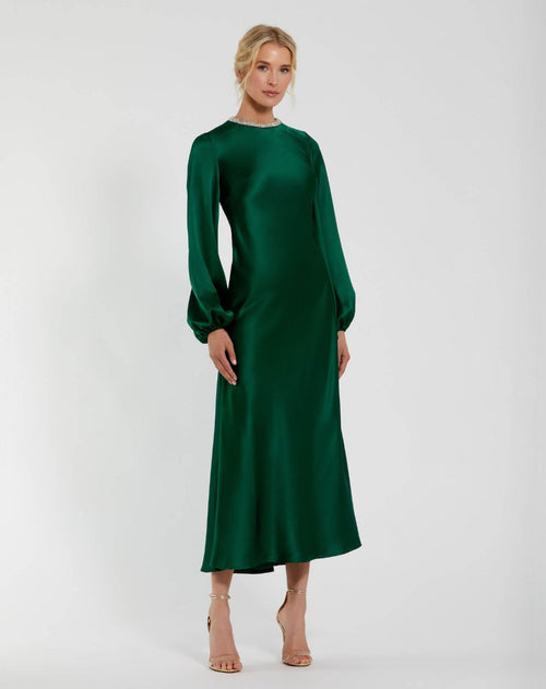 Petite Green High Neck Long Sleeve Crystal Detail Dress