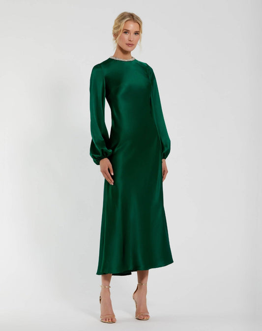 Petite Green High Neck Long Sleeve Crystal Detail Dress