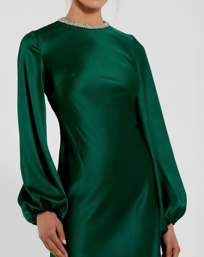 Petite Green High Neck Long Sleeve Crystal Detail Dress