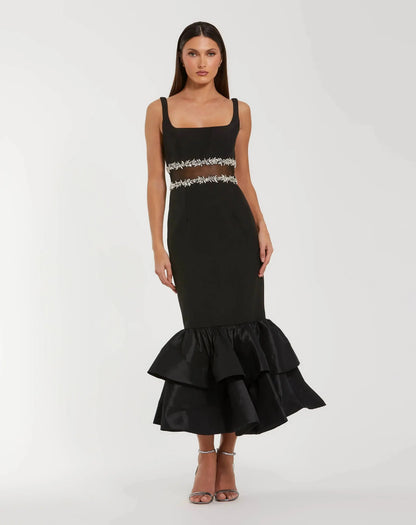 Crepe Ruffle Hem Midi Dress With Jewel Detail
