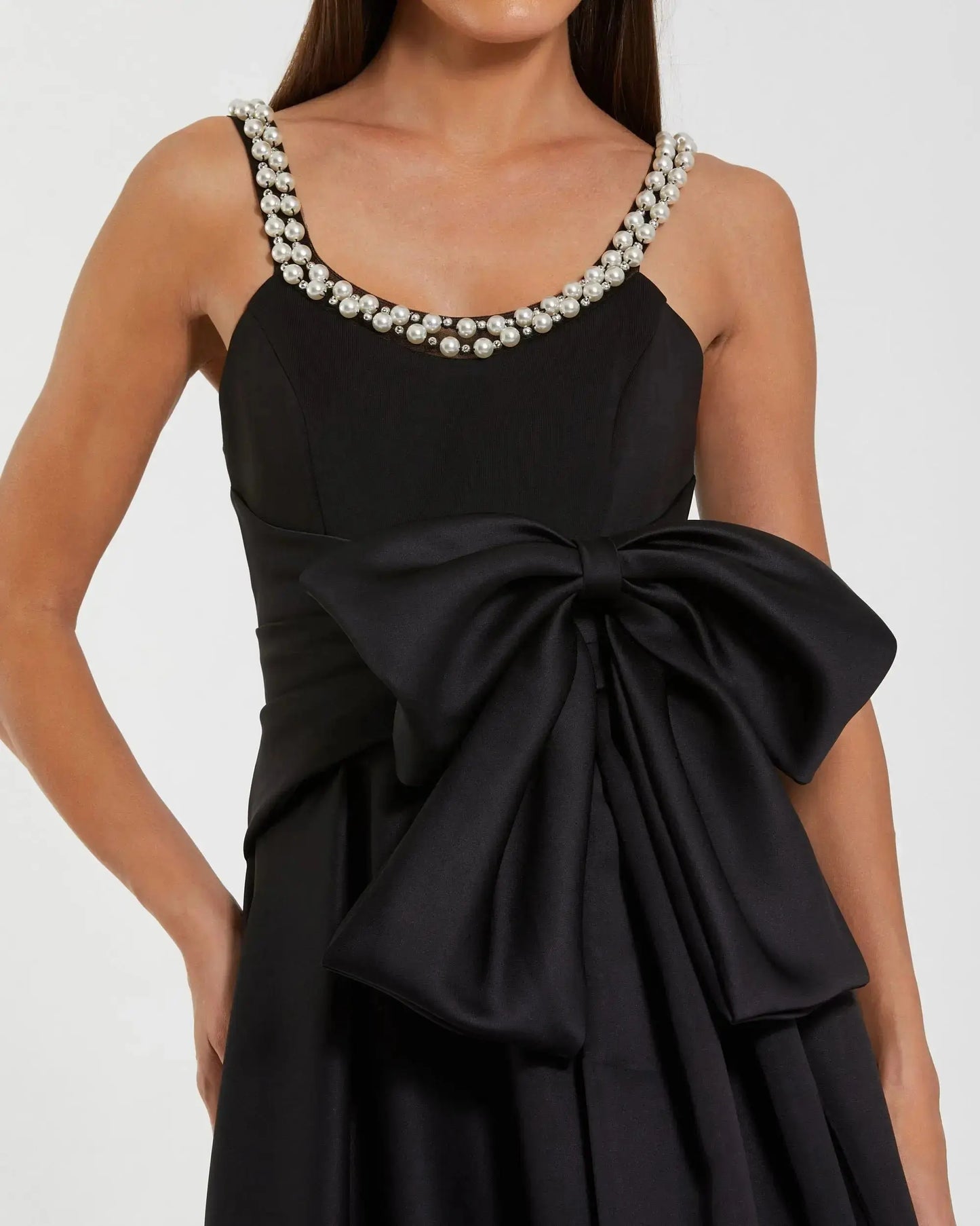Petite Black Satin Gown With Pearl Neckline and Bow Detail