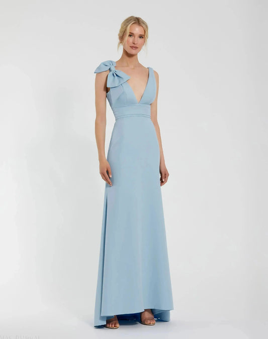 Petite Blue Sleeveless V Neck Bow Detail Mermaid Gown