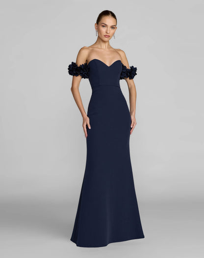 Crepe Off The Shoulder Gown With 3D Flowers