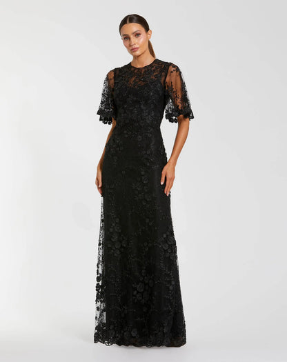 Petite Black Flutter Sleeve Floral Embroidered Net Gown