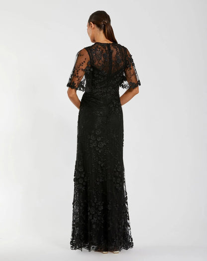 Petite Black Flutter Sleeve Floral Embroidered Net Gown