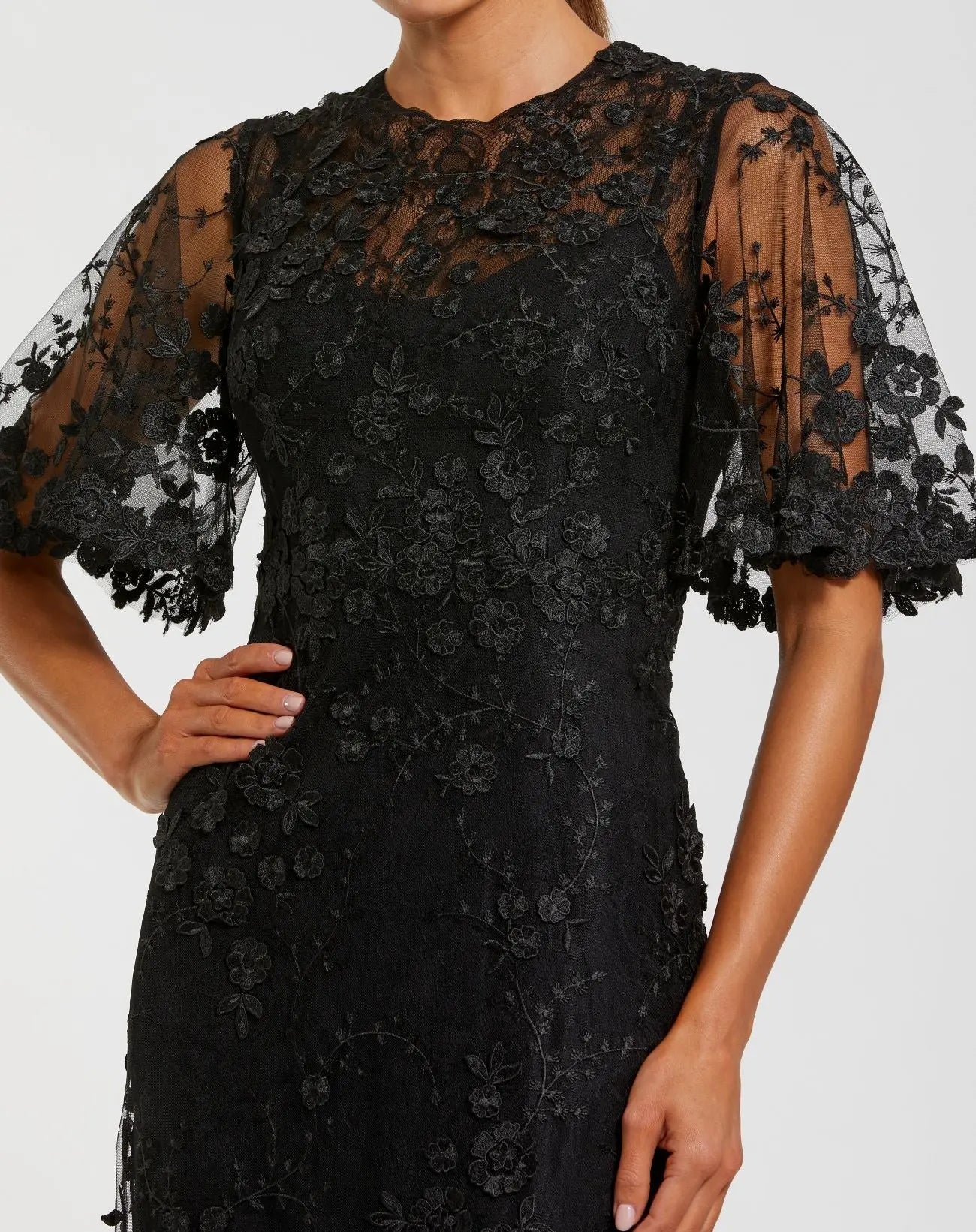 Petite Black Flutter Sleeve Floral Embroidered Net Gown