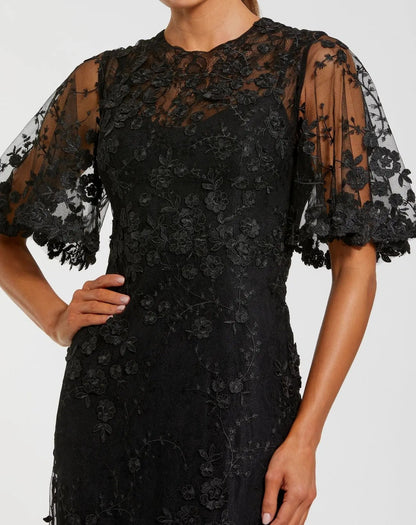 Petite Black Flutter Sleeve Floral Embroidered Net Gown