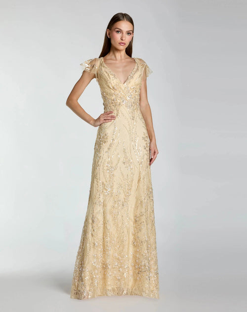 Petite Gold V-Neck Flutter Sleeve Floral Embroidered Gown