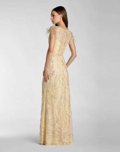 Petite Gold V-Neck Flutter Sleeve Floral Embroidered Gown