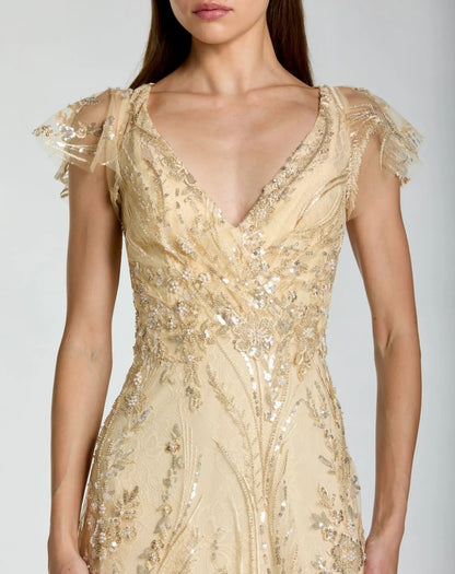 Petite Gold V-Neck Flutter Sleeve Floral Embroidered Gown