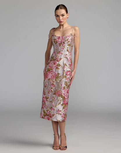 Floral Brocade Bow Strap Midi Dress