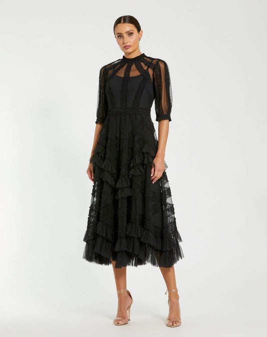 Petite Black High Neck Ruffle Tiered A-Line Midi Dress