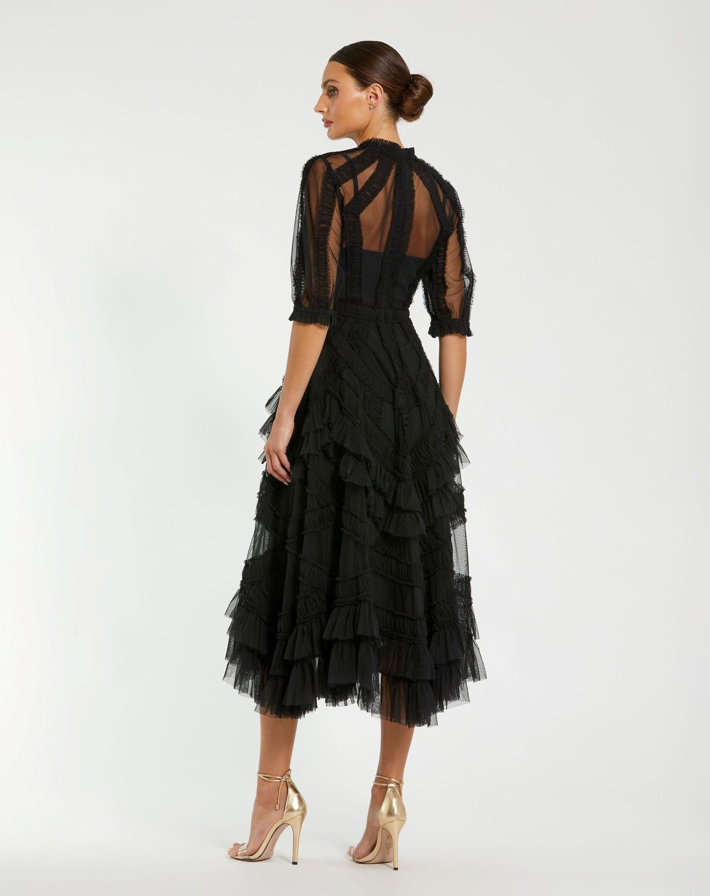 Petite Black High Neck Ruffle Tiered A-Line Midi Dress