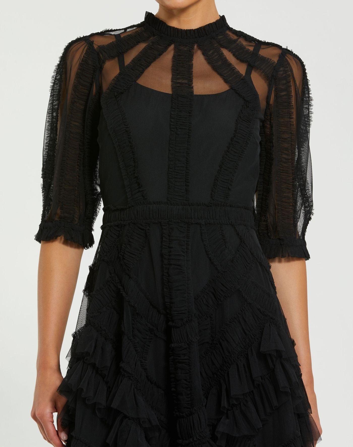 Petite Black High Neck Ruffle Tiered A-Line Midi Dress