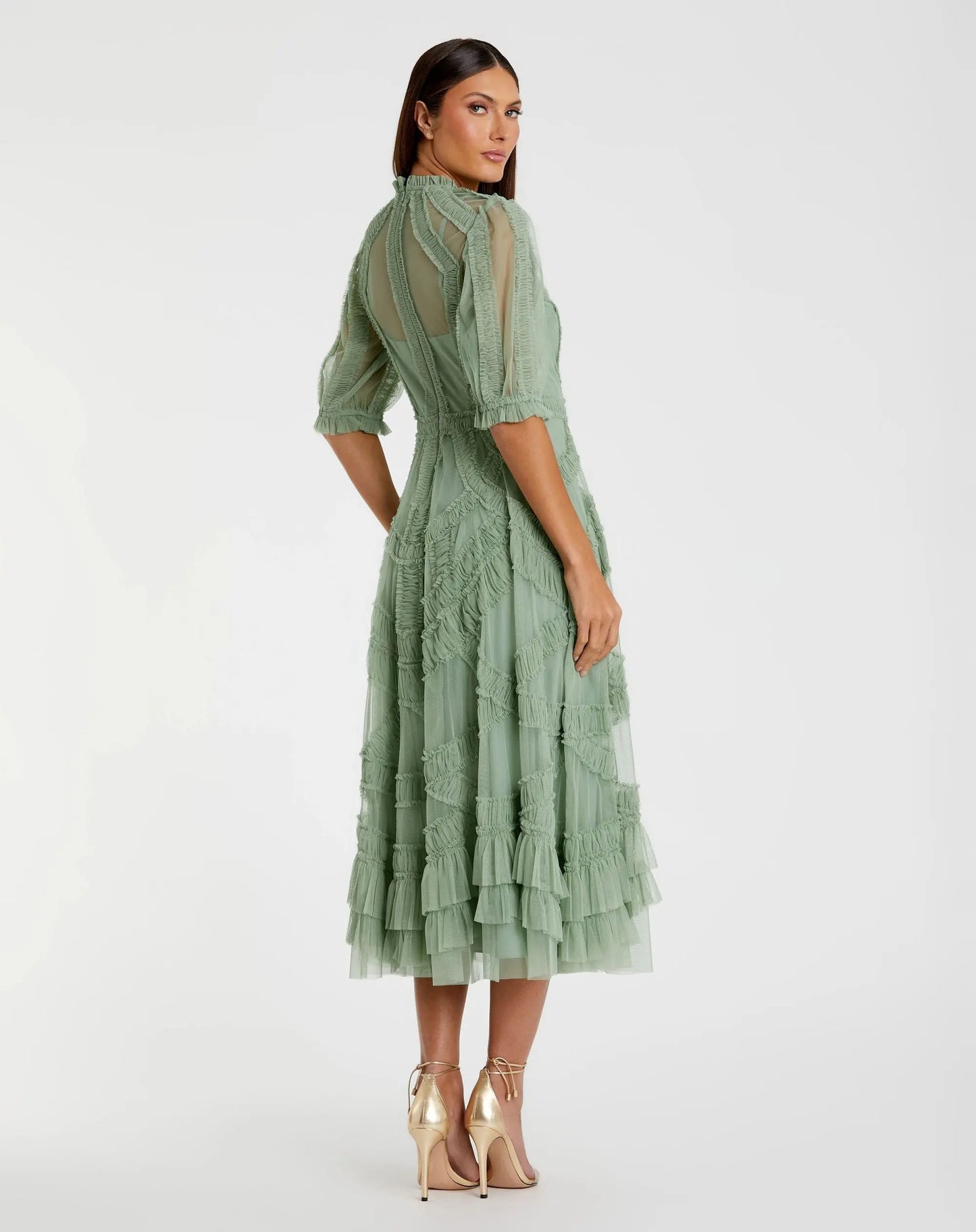 Petite Green High Neck Ruffle Tiered A-Line Midi Dress