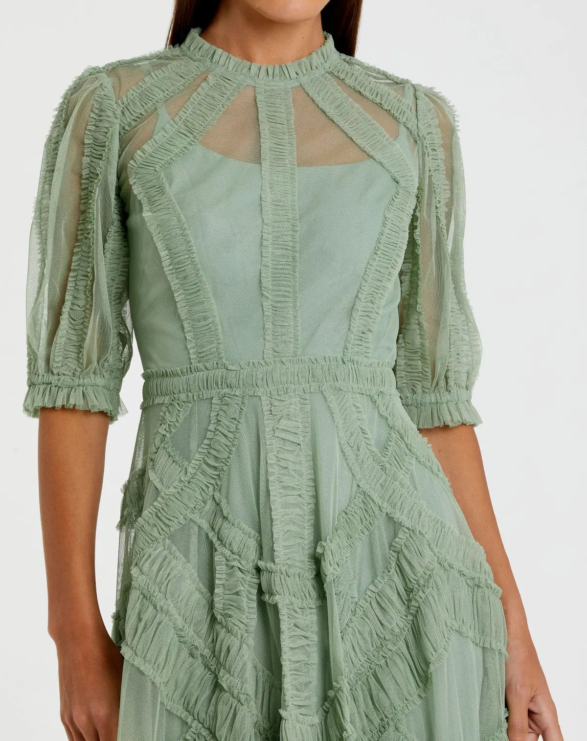 Petite Green High Neck Ruffle Tiered A-Line Midi Dress