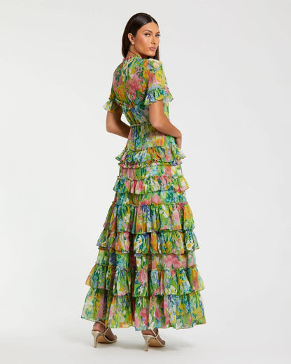 Petite Green Ruffle Tiered Chiffon Floral Dress