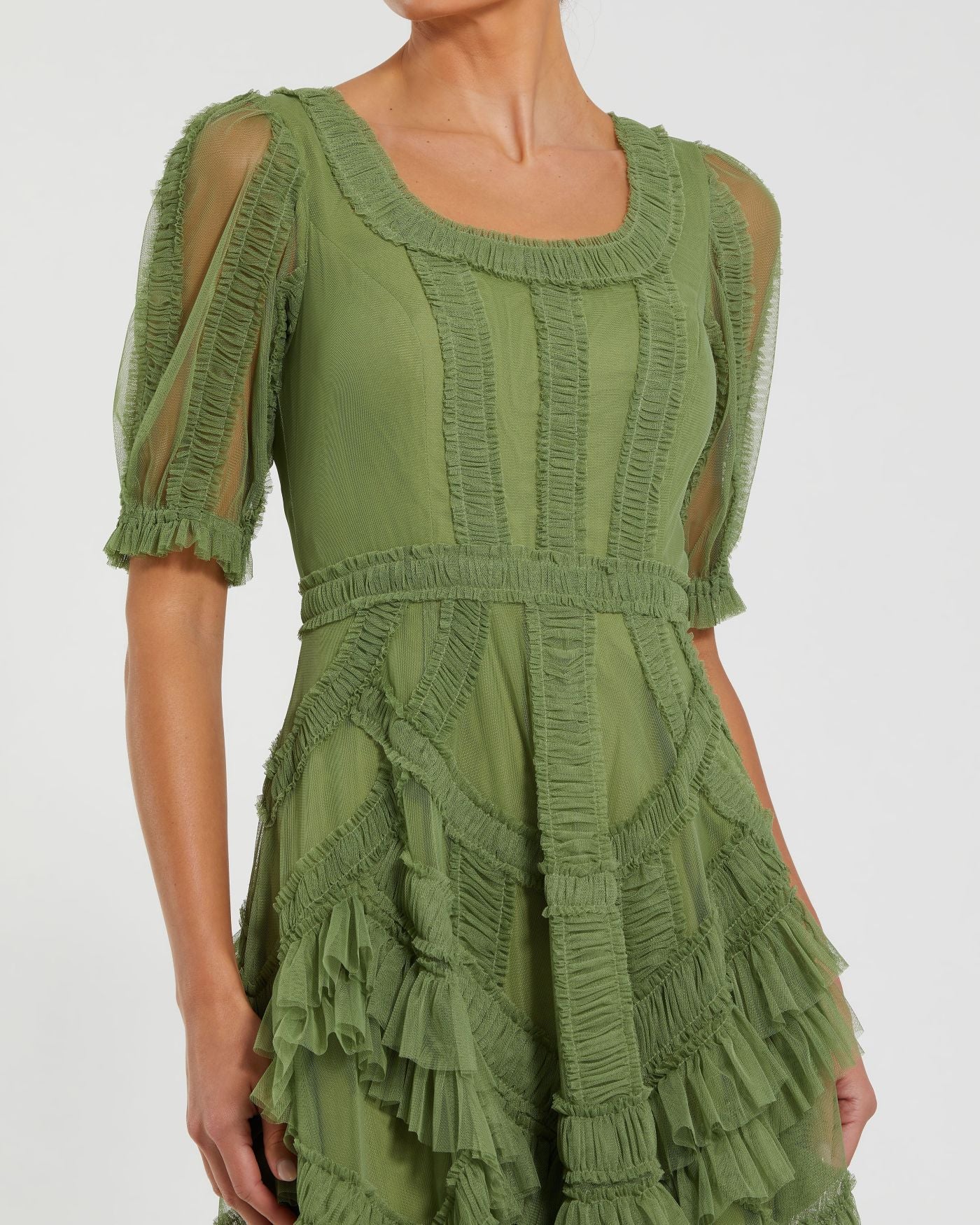 Petite Green Short Sleeve Micro Ruffle Midi Dress