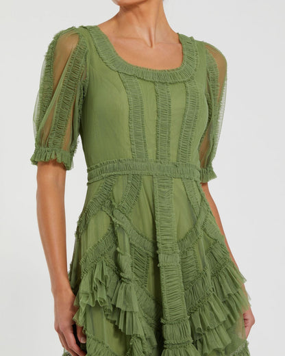 Petite Green Short Sleeve Micro Ruffle Midi Dress