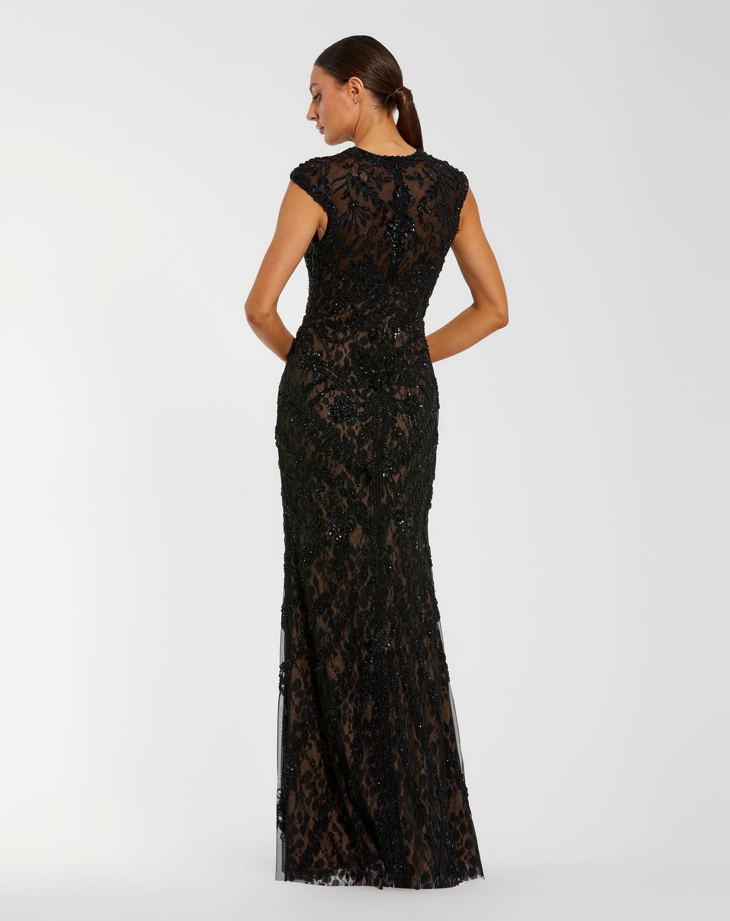 Petite Black Embellished Lace Cap Sleeve Evening Gown