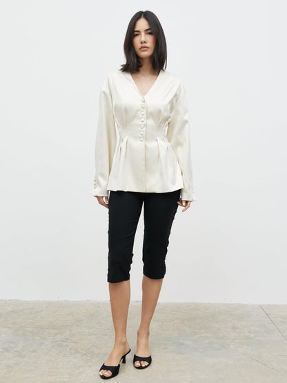 Amora Collarless Bonded Satin Jacket - Oyster