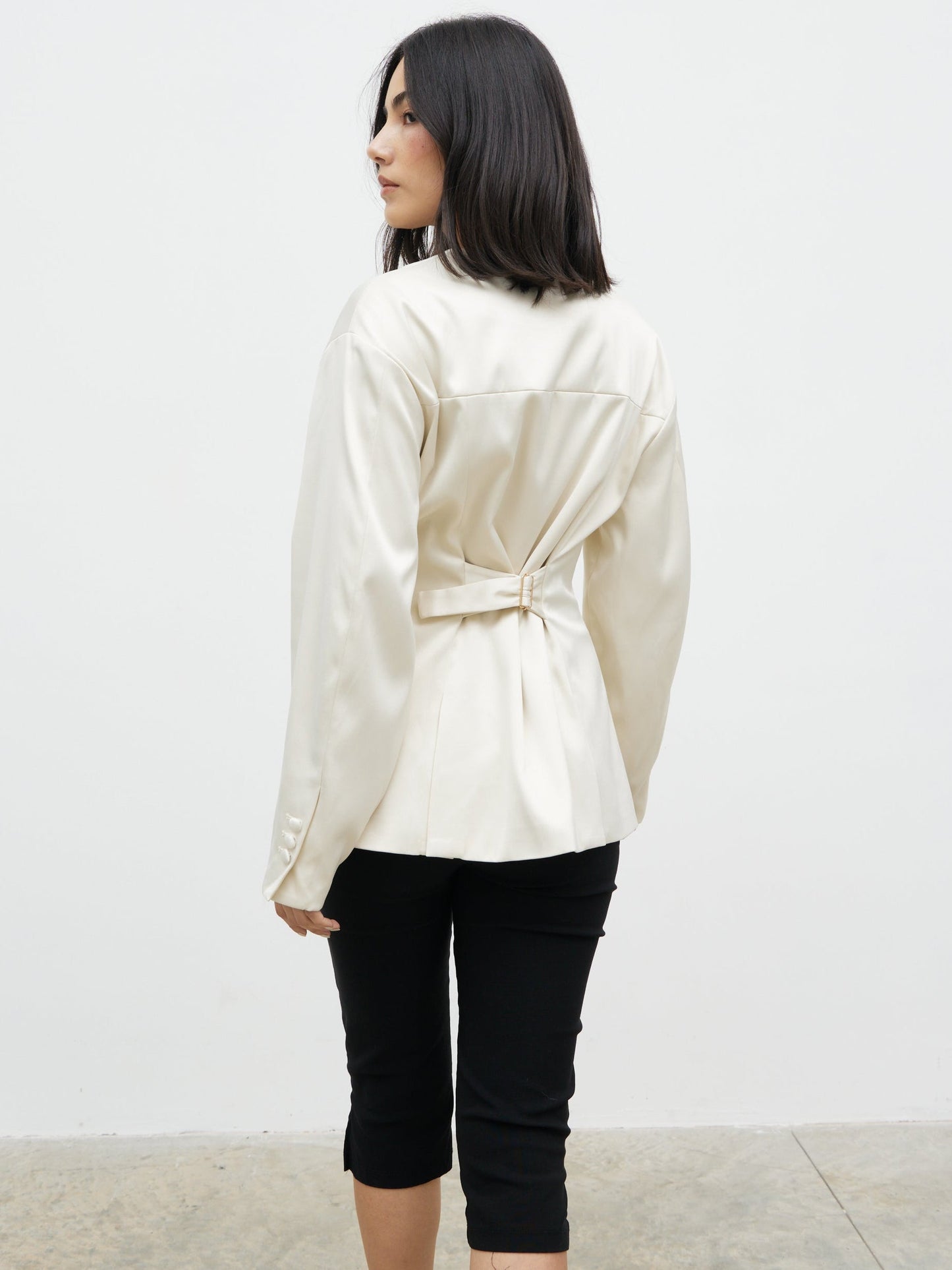 Amora Collarless Bonded Satin Jacket - Oyster