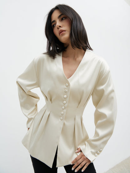 Amora Collarless Bonded Satin Jacket - Oyster