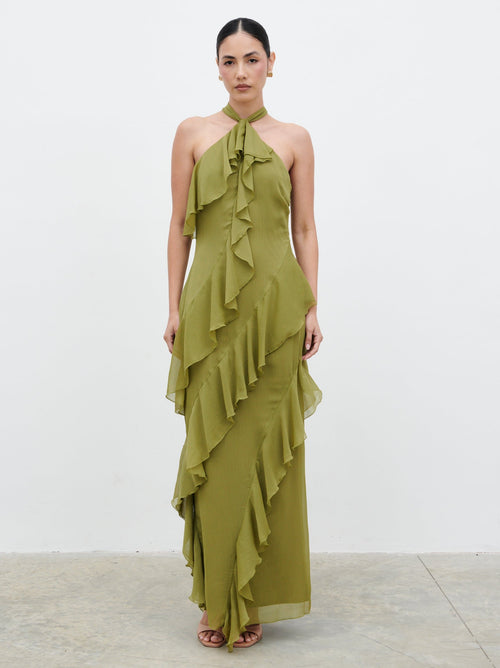 Aria Halterneck Ruffle Maxi Dress - Dark Olive