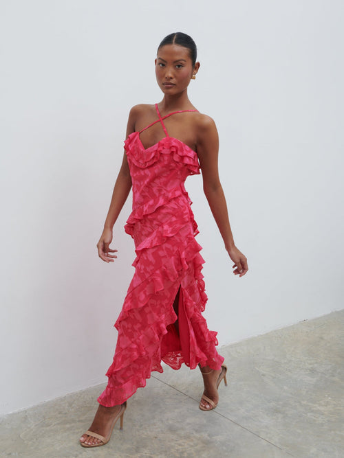 Aryana Jacquard Ruffle Midaxi Dress - Fuchsia