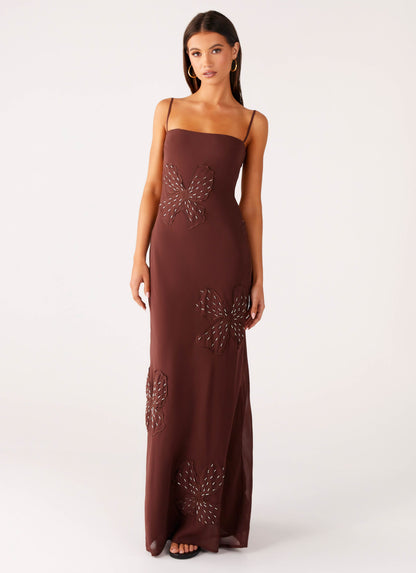 Bayla Beaded Flower Maxi Dress - Chocolate