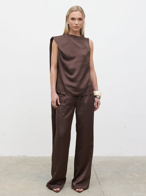 Breya Scarf Satin Top - Chocolate Brown