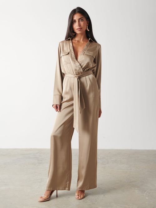 Carmen Satin Jumpsuit - Light Olive