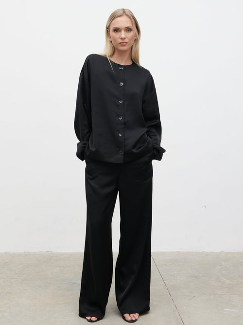 Dua Satin Button Blouse - Black