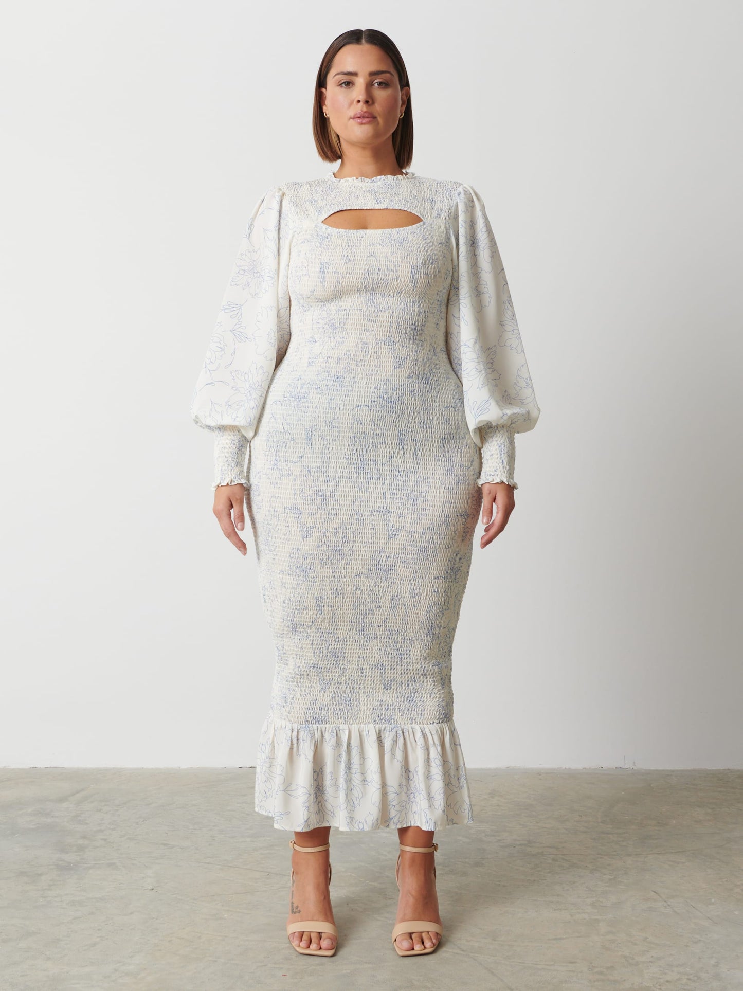 Elise Cut Out Shirred Printed Midaxi Dress Curve - Peony Abstract Floral