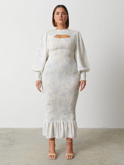 Elise Cut Out Shirred Printed Midaxi Dress Curve - Peony Abstract Floral