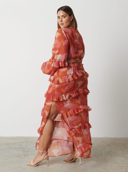 Evie Ruffle Maxi Dress Curve - Abstract Watercolour