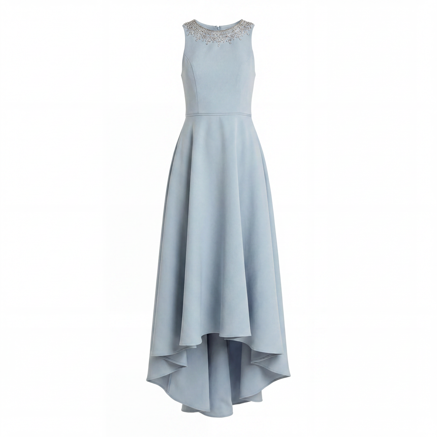 Blue Crepe Embellished Neck High Low Gown