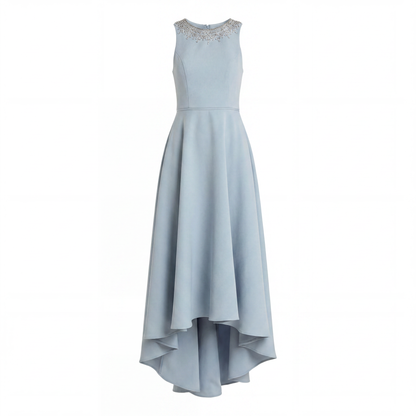 Blue Crepe Embellished Neck High Low Gown
