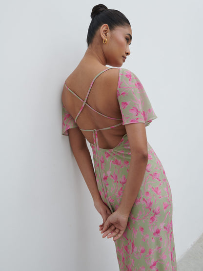 Jules Maxi Dress - Olive and Fuchsia Petal Floral