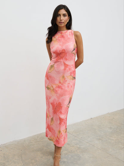 Lilou Printed Sequin Midaxi Dress - Orange Large Scale Floral