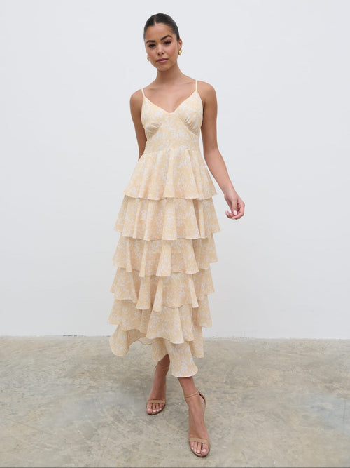 Lissy Ruffle Midaxi Dress - Yellow Abstract