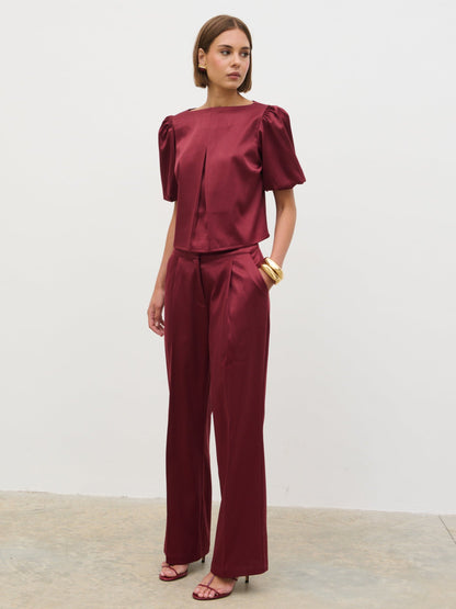 Lorah Puff Sleeve Bonded Satin Top - Wine