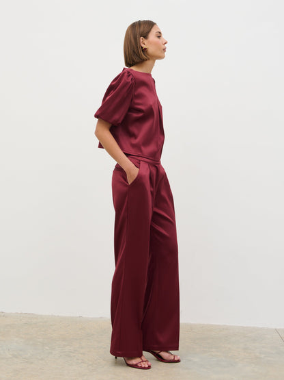 Lorah Puff Sleeve Bonded Satin Top - Wine
