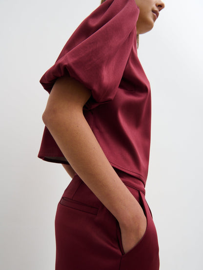 Lorah Puff Sleeve Bonded Satin Top - Wine