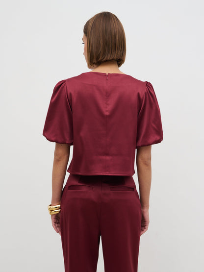 Lorah Puff Sleeve Bonded Satin Top - Wine